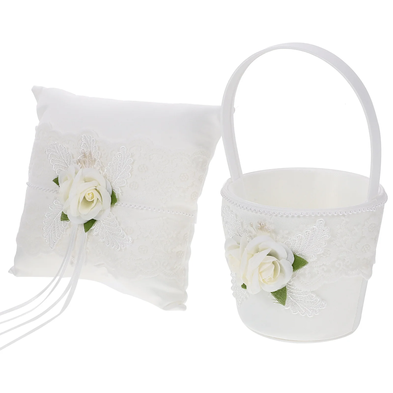 

Flower Girl Basket Ring Pillow Set Lace Decorated Wedding Baskets Scatter Petals Safe Material Romantic Atmosphere Storage
