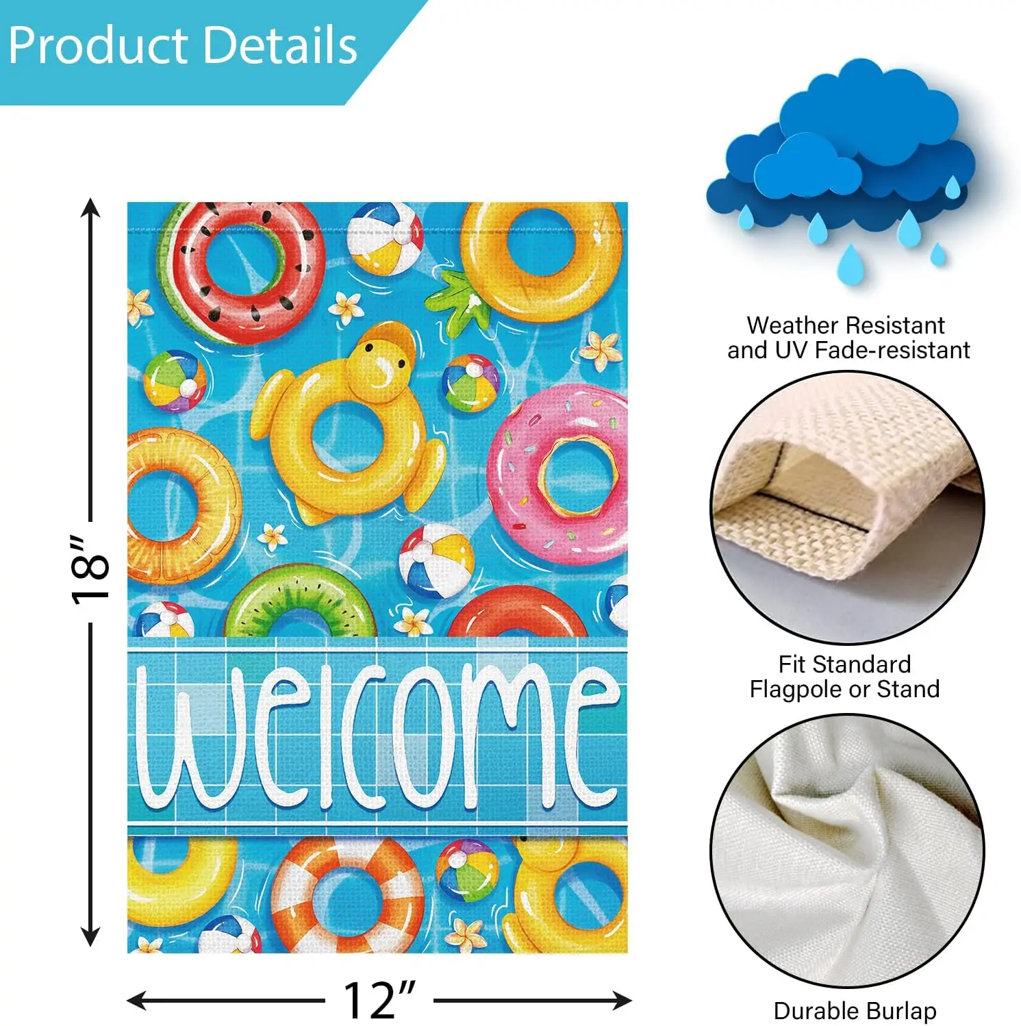 Louise Maelys Summer Welcome Garden Flag Swimming Ring Pool 12x18 Inch Double Sided Floral Small Burlap Holiday Yard Outdoor SSL view 4