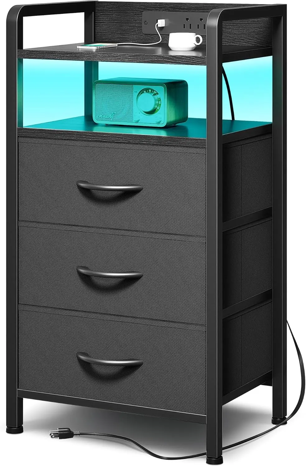 

Nightstand with Charging Station & LED Lights, Bedside End Table with Storage Shelf and 3 Fabric Drawers, USB Ports & AC Outlets