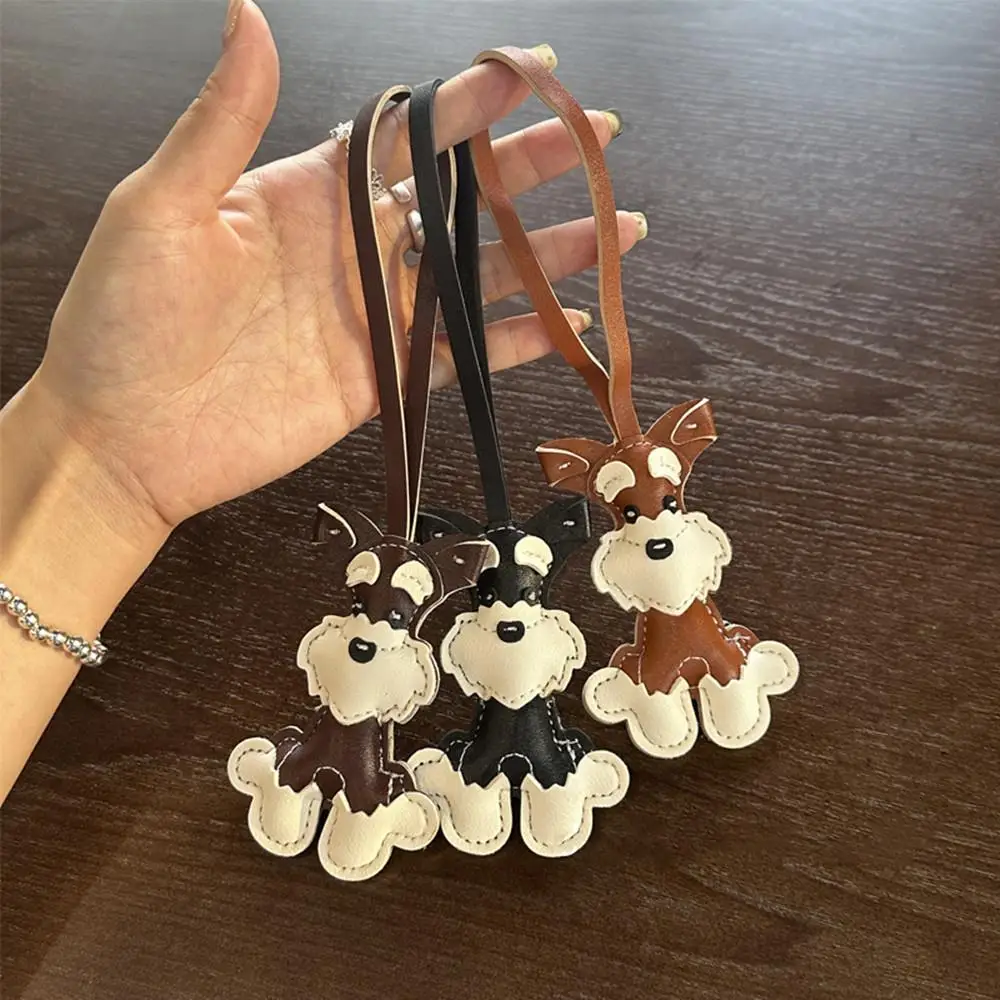 HOT Lovely PU Leather Schnauzer Keychain 3D Creative Cartoon Car Keyring Fashion Hanger Dog Woven Rope Bag Pendant Phone Pendant