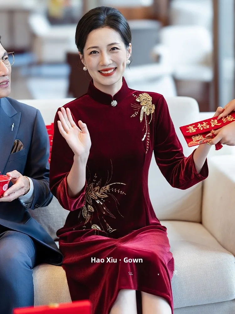 

Ele Velvet Wedding Dr Traditional Chinese Sle Red Qipao Winter Faion High Collar Long Sve Warm Mid-Length Skirt