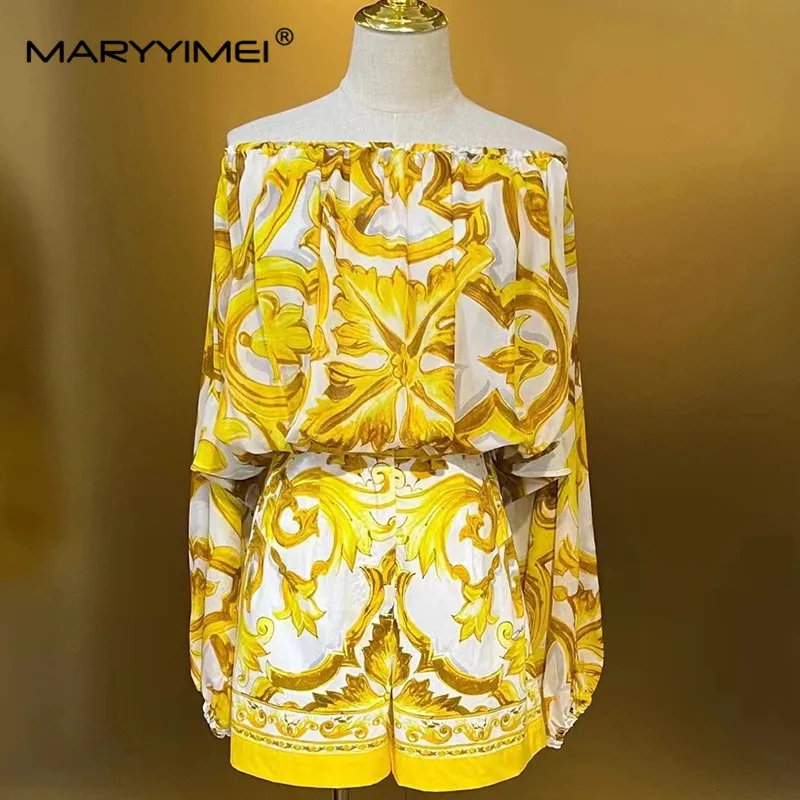 MARYYIMEI Spring Summer Women\'s Suit Cotton Short-Sleeved Folds Tops+Cotton Baroque Print Half Skirt Two Piece Set