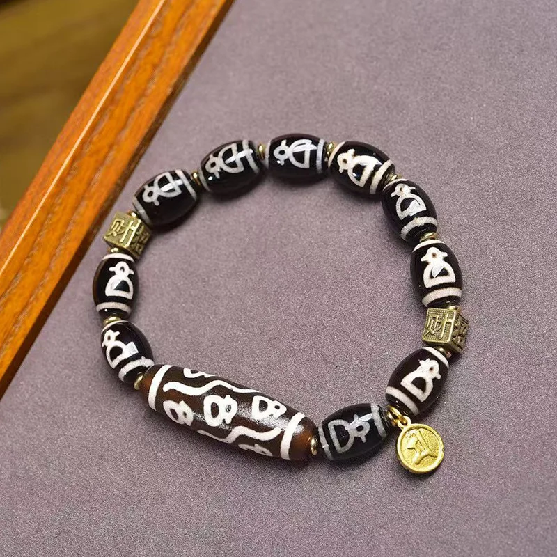 

Natural Agate Of Dzi Bracelet Single Circle Nine-Eyed God Of Wealth Glass Copper Clip Accessory Buddhist Bead Br
