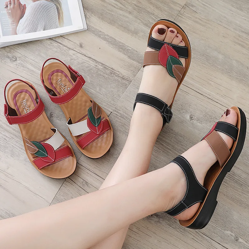 Women Sandals 2024 Fashion Genuine Leather Wedges Shoes For Women Summer Flat Non-slip Soft Bottom Elderly Beach Casual Shoes