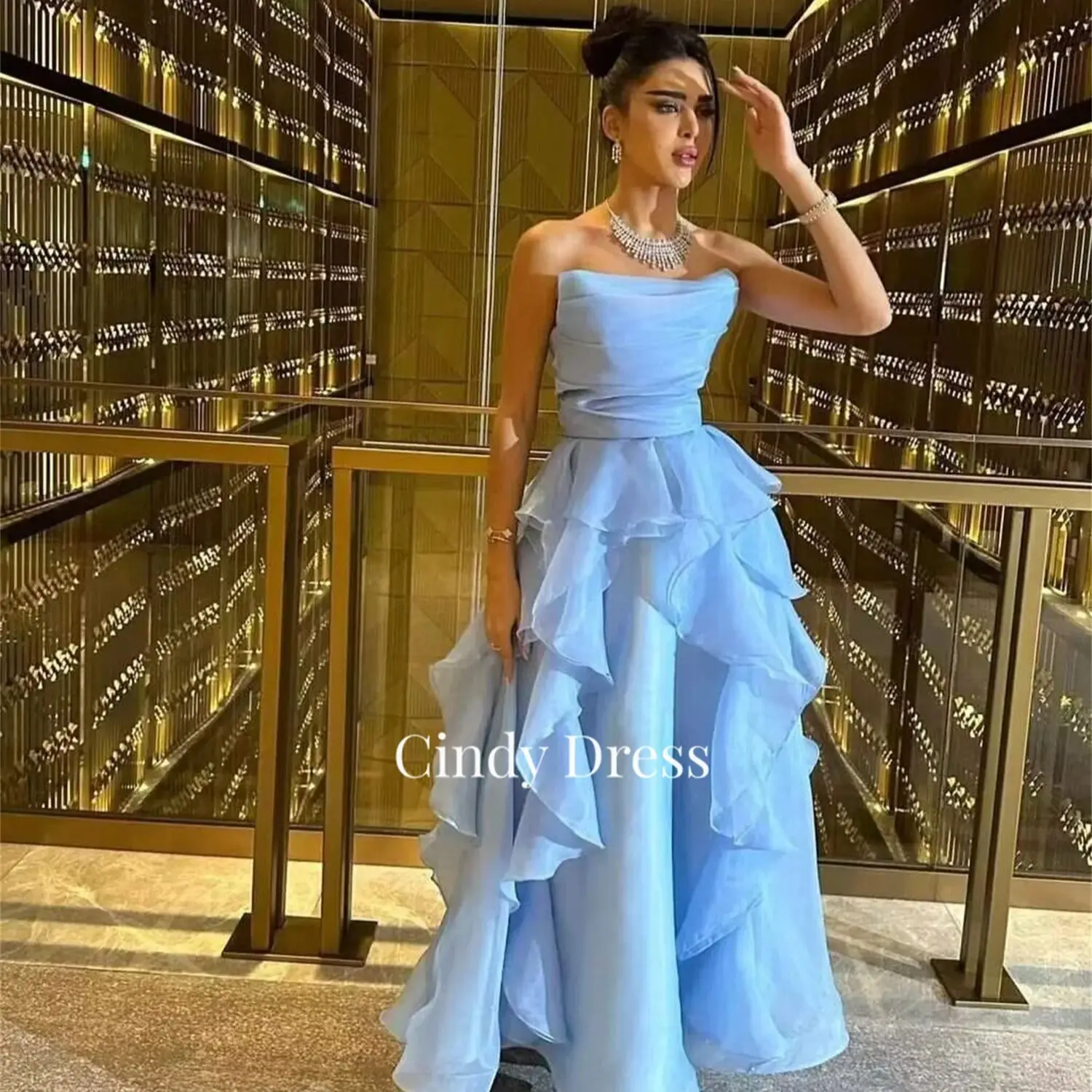 Cindy Sky Blue Multi-layer Organza Strapless Evening Gown Bridesmaid Dress Woman Dresses on Offer Clearance Prom