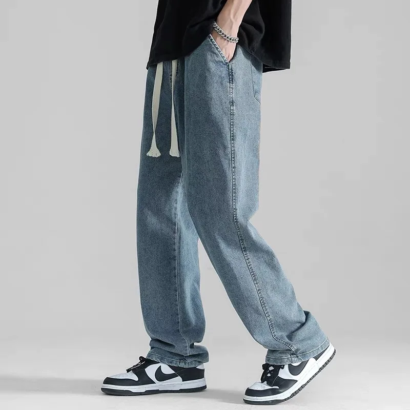 Straight jeans men's summer thin fashion brand loose pendant wide leg drape mop trousers casual pants