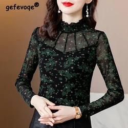 Retro Sexy Ruffle Mesh Lace Floral Print Elegant Fashion Ladies Tops Fall Winter Women's Long Sleeve Slim Basic T-shirt Clothing