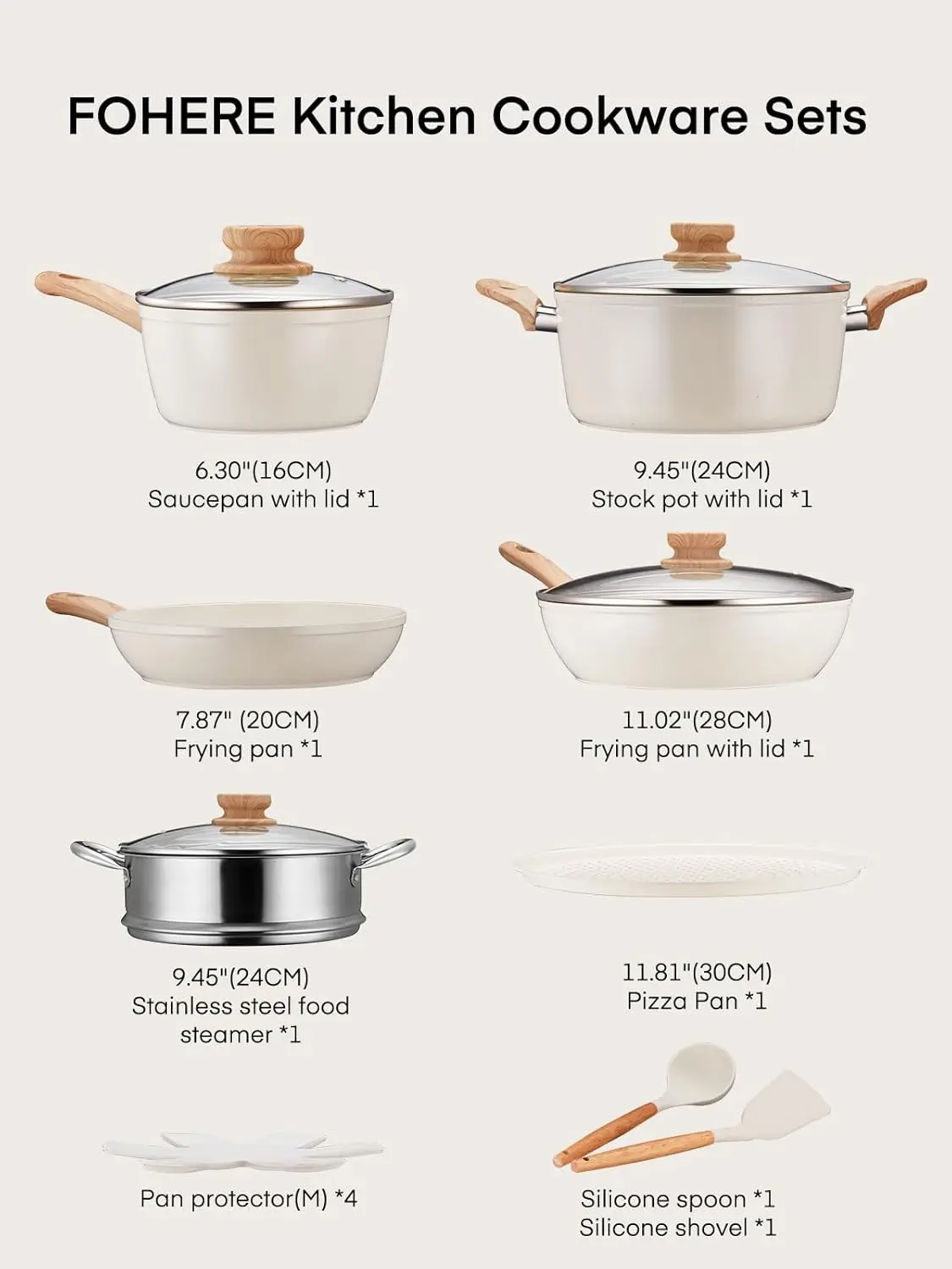 Fohere 15 Pcs Non-Stick Cookware Sets, Ceramic Pots And Pans Set, Kitchen Induction Cooking Set With Pizza Pan, Food Steamer,