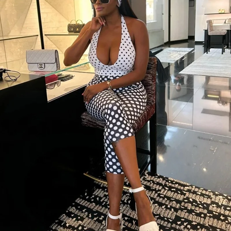 

Женский сексуальный комбинезон с принтом в горошек, с открытой спиной, на бретелях, облегающий, длиной до икр, с глубоким V-образным вырезом, без рукавов, персикового цвета, с повязкой на голову