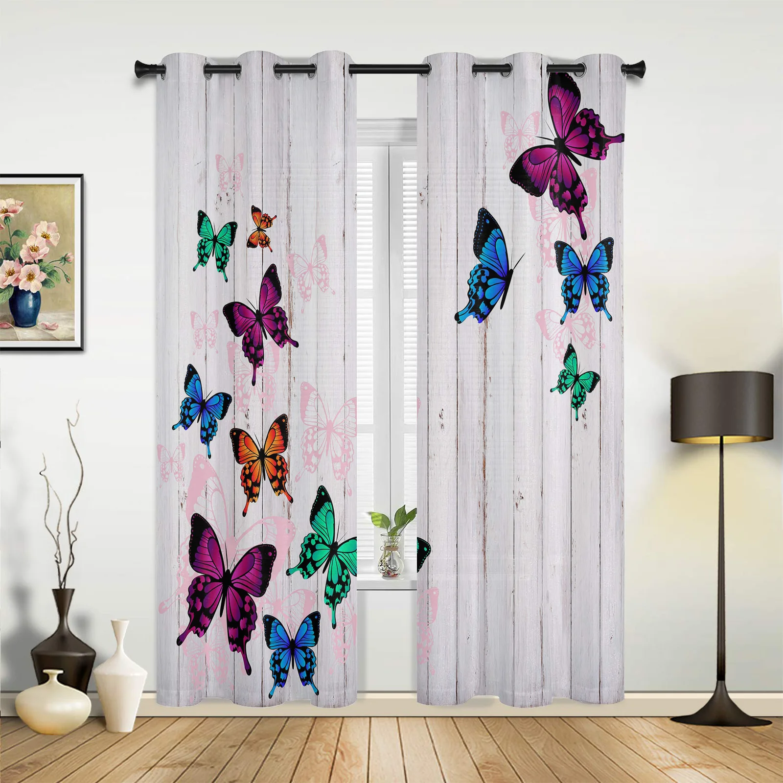 

Wood Grain Retro Colorful Butterfly Curtains for Bedroom Living Room Drapes Kitchen Kid's Room Window Curtain Modern Home Decor