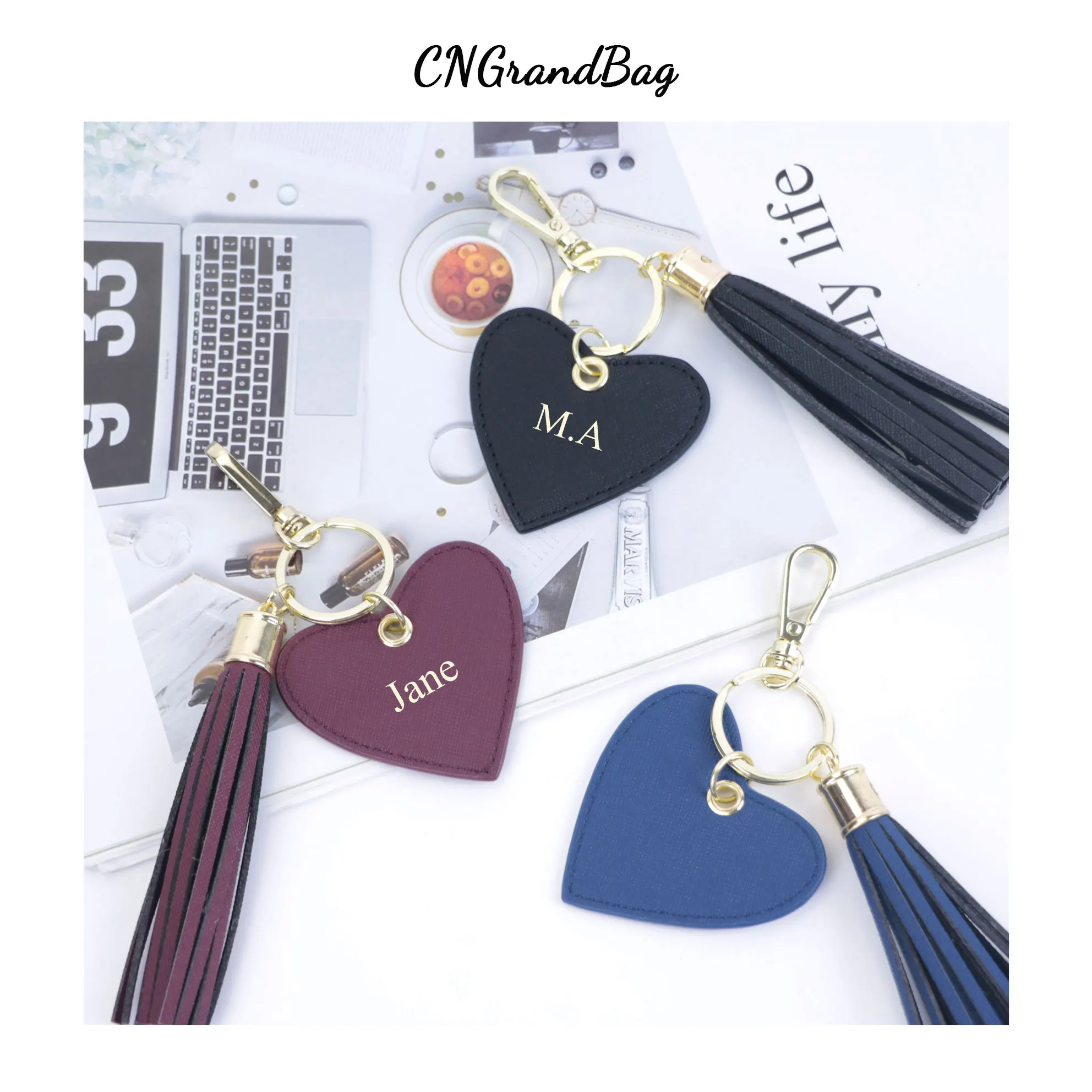 

Free Custom Keychain Saffiano Leather Key ring Fringe Buckle Charm Heart Keychain Car Luxury Unisex Tassel Keychain Bag Wallet