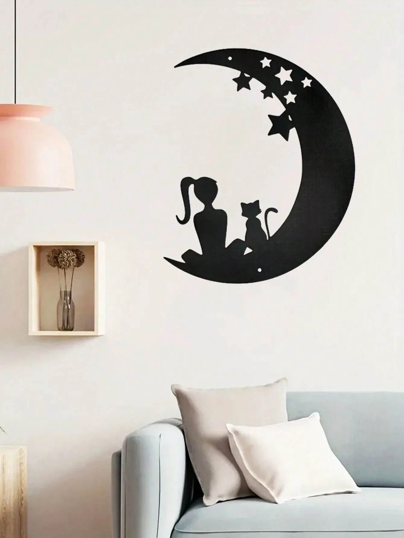 CIFBUY Metal Wall Art Moon Star Girl Kitten Iron Hanging Sign Sculpture Ornament Home Decor Gift Modern Living Room