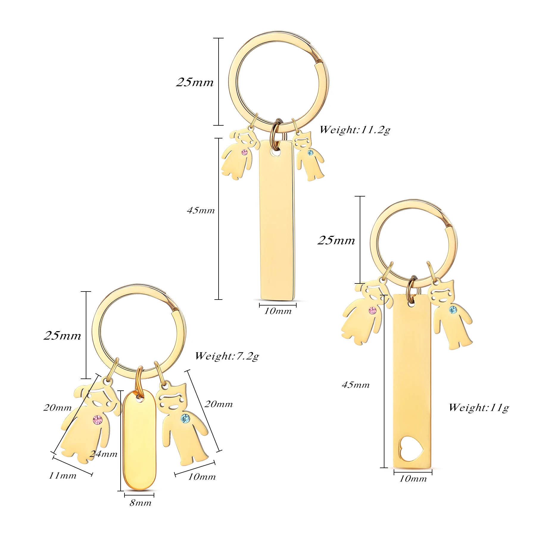 10pcs/lot Wholesale Stainless Steel Girl Boy Charm Keychain Mirror Polishing Heart Rectangle Keyring Jewelry Gift Waterproof