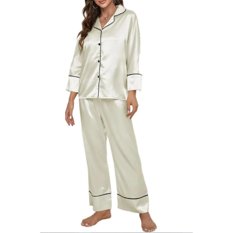 

Q22D Женский шелковый атласный пижамный комплект с длинным рукавом на пуговицах, одежда для сна, комплект из 2 предметов для