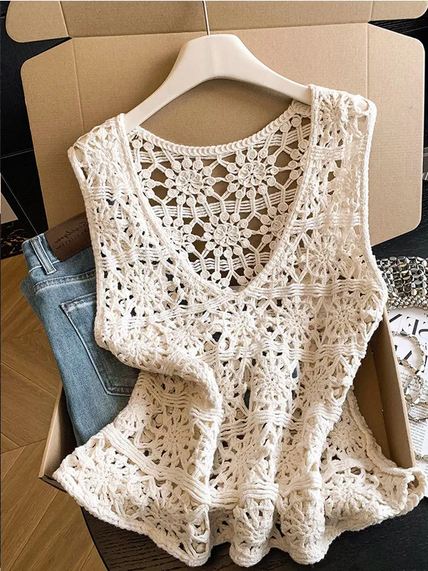 Retro Knitted Hollow out Hook Flower Vest Women Summer Outerwear Layered Wear Strap Inner Match Base Tank Top Shoulder Top