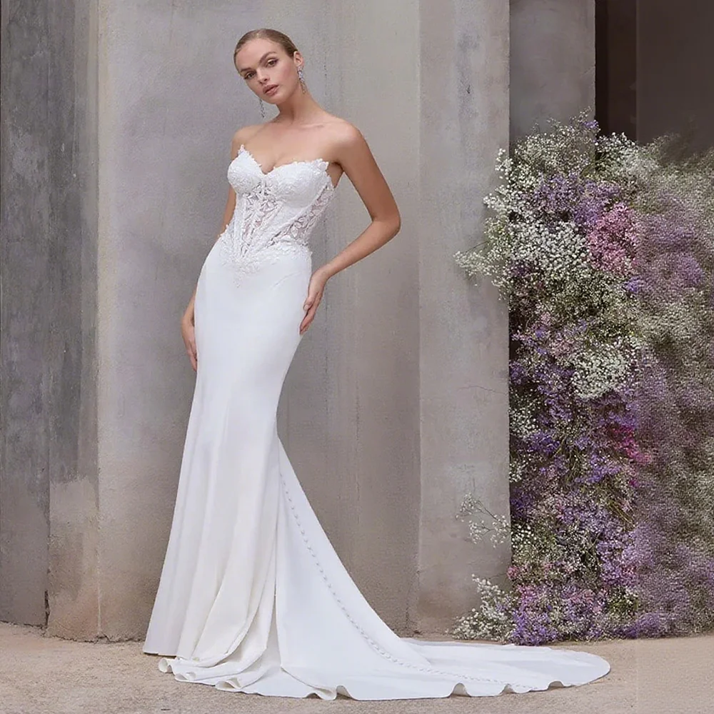

Customized Boat Neckline Off Shoulder Long Lace Sleeves Satin Wedding Dress Lace-up Back Floor Length Sweep Train Gown For Bride