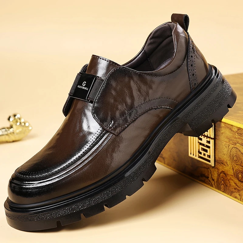 

Men's Slip-On Casual Leather Shoes Wear-Resistant Anti-Skid Round Toe Loafers Thick Bottom Dress Footwear All Season