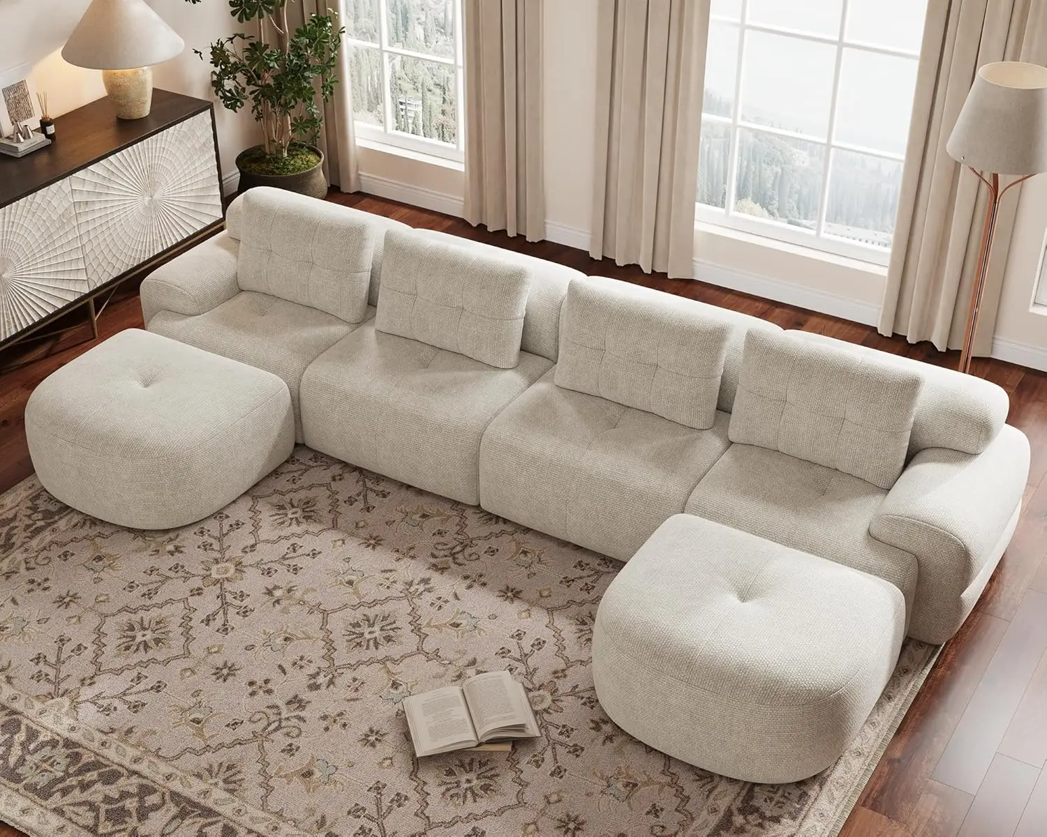 

145'' U-Shaped Modular Sectional Sofa Couch, Full-Foam Structure, Compression Packaging Design, Woven Texture Upholstery-HOT