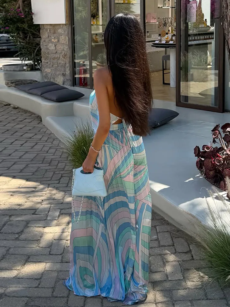 Bedruckte Neckholder-Crop-Tops und Weite Hosen Sets für Damen, Sexy Ärmellose Rückenfreie Oberteile, Plissierte Hosen, Schicke Strandmode, Neu – Detail 16