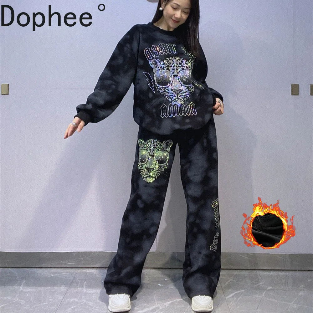 

Trendy Tie-dye Hoodie Two-piece Set Mighty Leopard Hot Drilling Thicken Fleece Loose Pullover Top + Elastic Waist Straight Pants