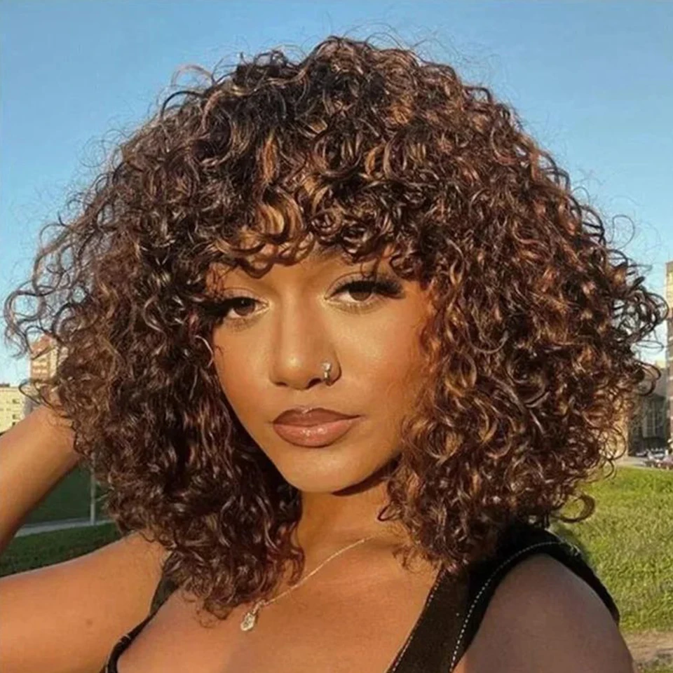 

Brazilian Short Bob Jerry Curly Human Hair Wigs With Bangs For Women Kinky Curly Natural Highlight Water Wave Human Hair Wigs