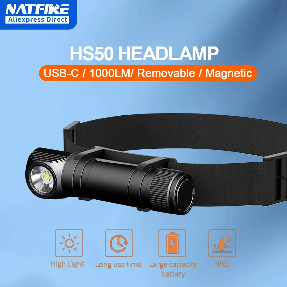 NATFIRE HS50 충전식 헤드램프, 3400mAh 헤드라이트, 1000LM LED, USB C 충전식 마그네틱 테일 워크 캠프 라이트