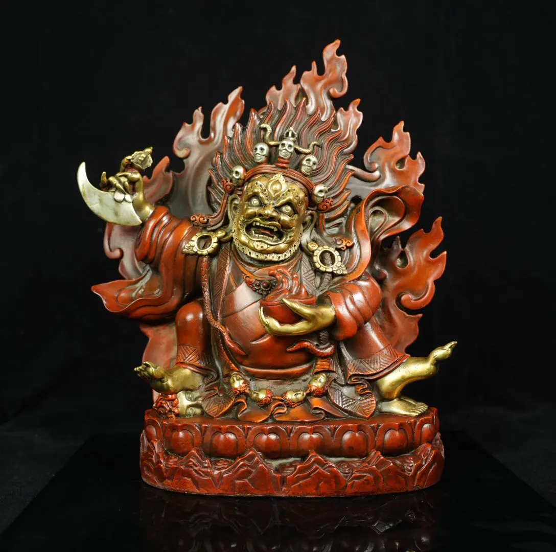 Bronze Gold Gilded Mahakala Buddha Statue Perfect Condition Heavy Patina Fine Craftsmanship Gift