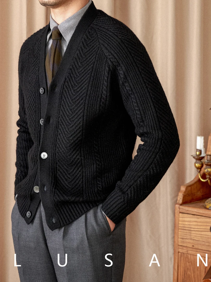 High-End Men's Wool Blend Jacquard Pattern Long-Sleeved Cardigan Woven Collar Retro Old Money Style Autumn Coat
