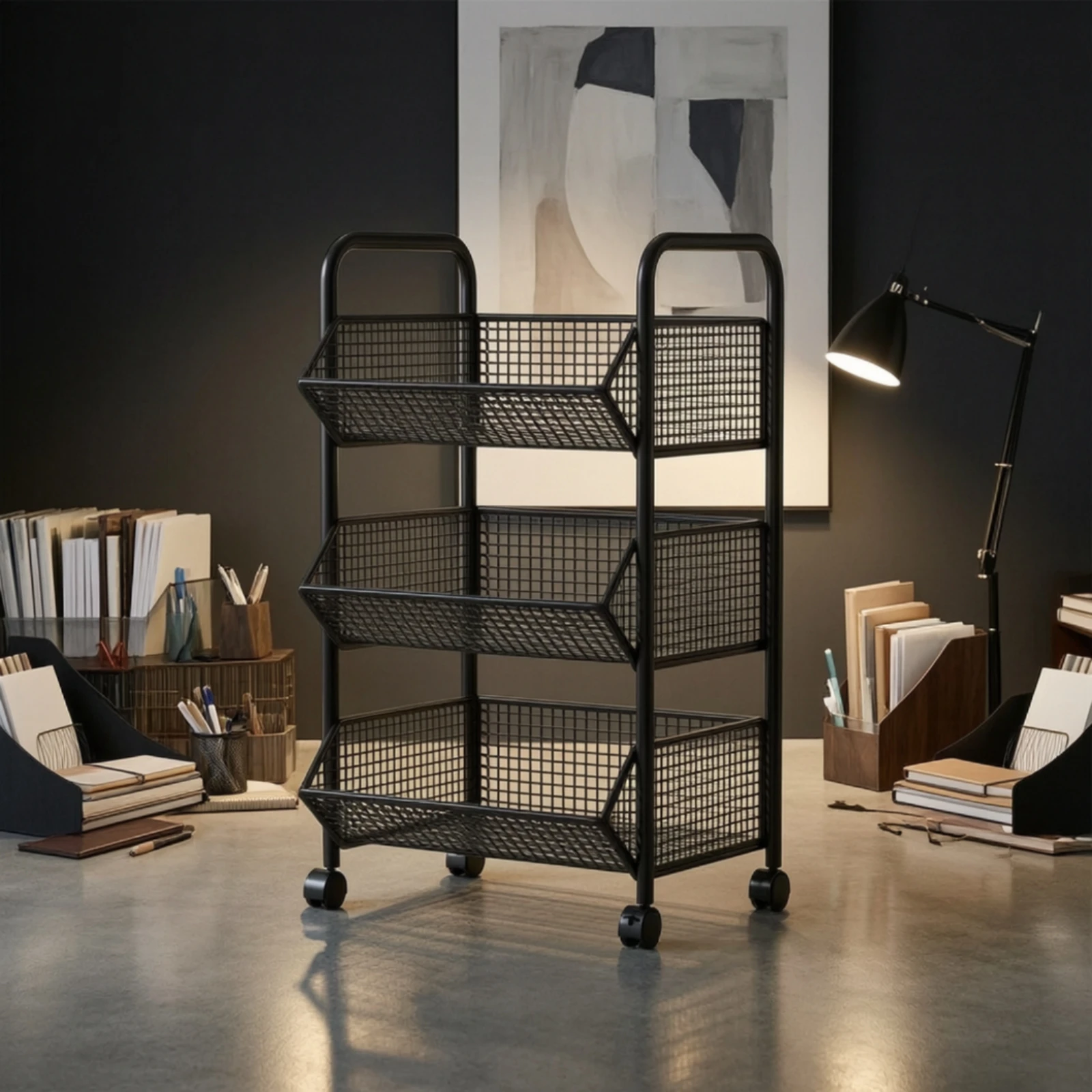 Three-Tier Storage Cart Multi-Purpose Open Basket Organizer with Top Handles Mobile Utility Cart with Mesh Baskets Space-Saving