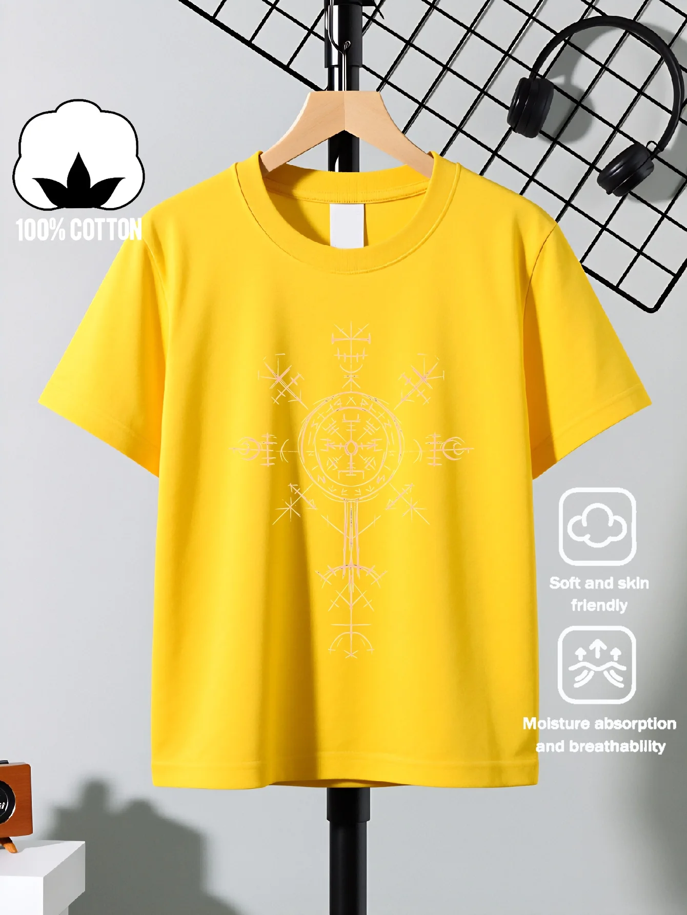 Children's Viking Rune Compass Pattern Printed Summer Street Round Neck Short T-shirt Casual and Comfortable Parent Child Wear