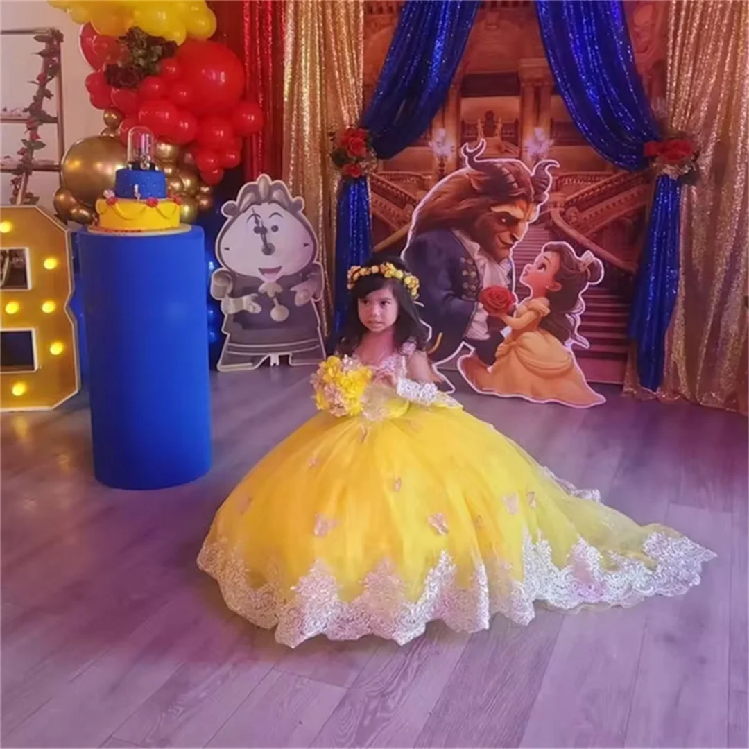 Customized White Lace Appliqués Light Yellow Flower Girl Dress Wedding With Bow Eucharistic Birthday Party Prom Customised