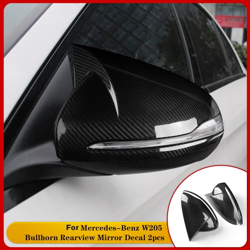 Carbon fiber Bull horn style Rearview mirror cover Adhesive patch For BENZ W205 C Class 15-21