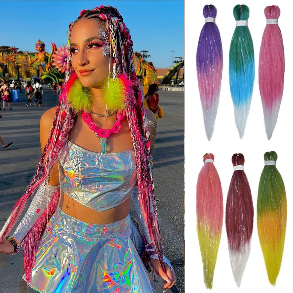 3pcs/set Tinsel EZ Braids Ombre Straight Braids Blend Hair Tinsel Festival Rave Hair Extensions for Girls Crazy Hair Day Braids