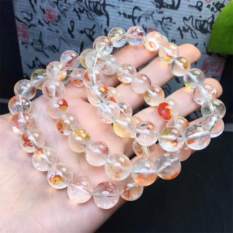 10MM Natural Yellow Fire Quartz Hematoid Bracelet Women Fashion Round Stone Elegant Healing Strand Bangles Wristband Gift 1PCS