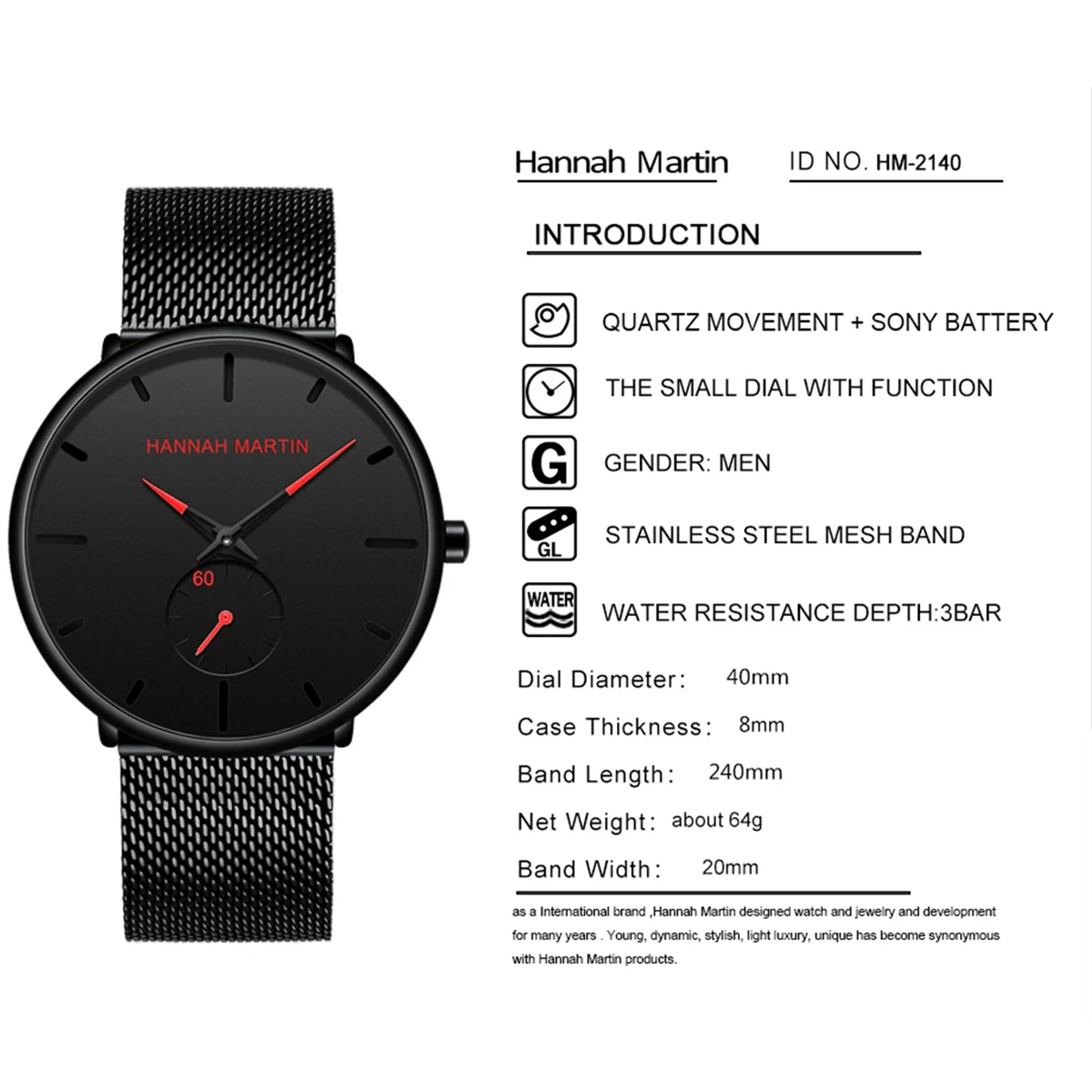 Hannah Martin Mens Watch Fashion Blue Black Timing Small Dial Original Quartz Movement Stainless Steel Casual Sports Men Watchws