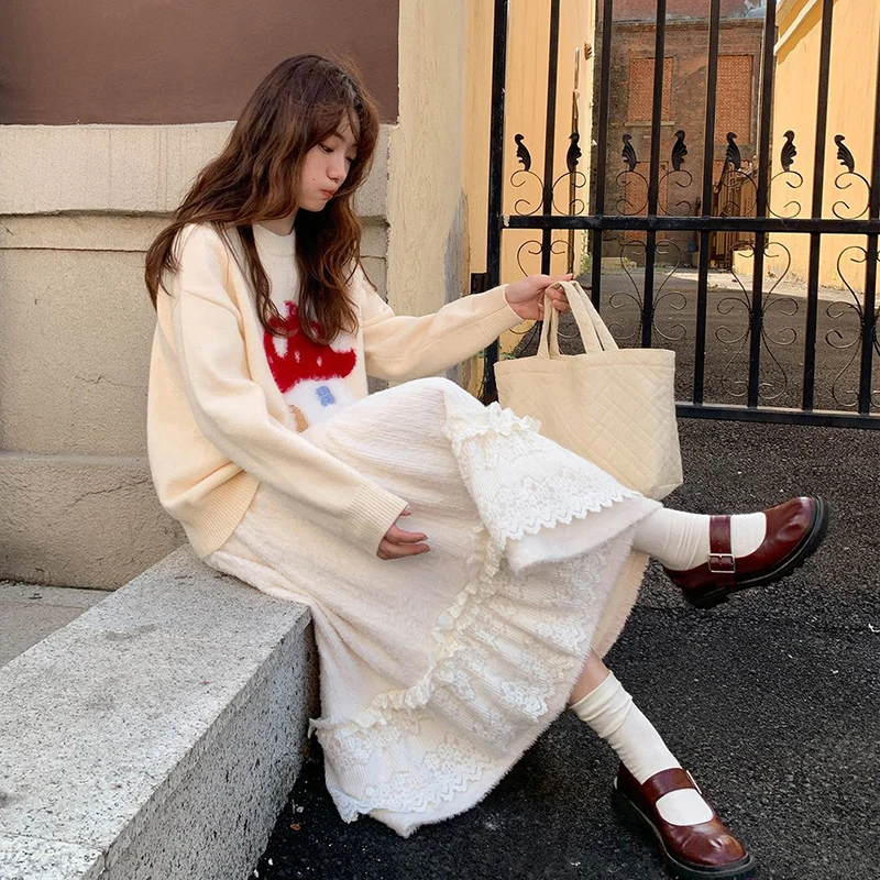 Japanese Sweet Midi Skirt Women Lace Patchwork High Waist Winter Chic Cake Skirts Cute Preppy Casual Aesthetic New Plush Skirt