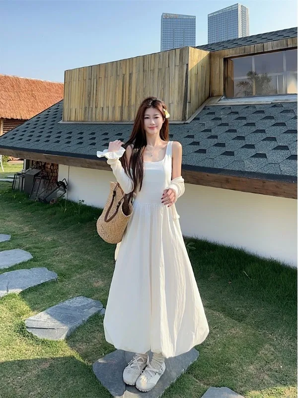 Elegant White Vest Strap Dress Women's plus Size Slimming A-Line Skirt Summer New Style Comfortable Breathable High Waist