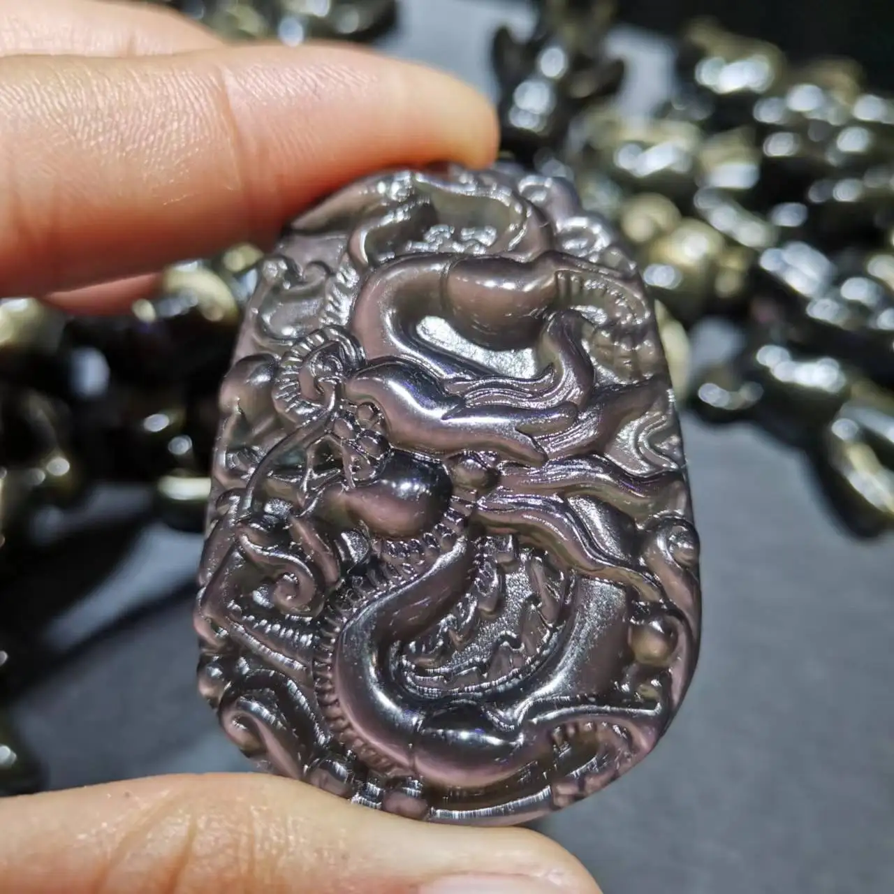 Natural Gold Obsidian carved dragon ornaments Pendant Purple Obsidian sculpture Amulet Protection