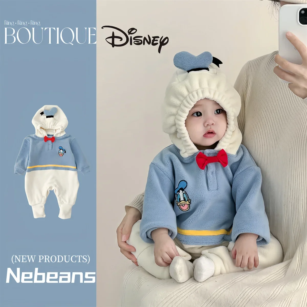 2024 Disney Donald Duck Autumn and Winter with Cashmere Warm Baby Clothing Double Sided Ollie Velvet Hooded Cartoon  Babies Out