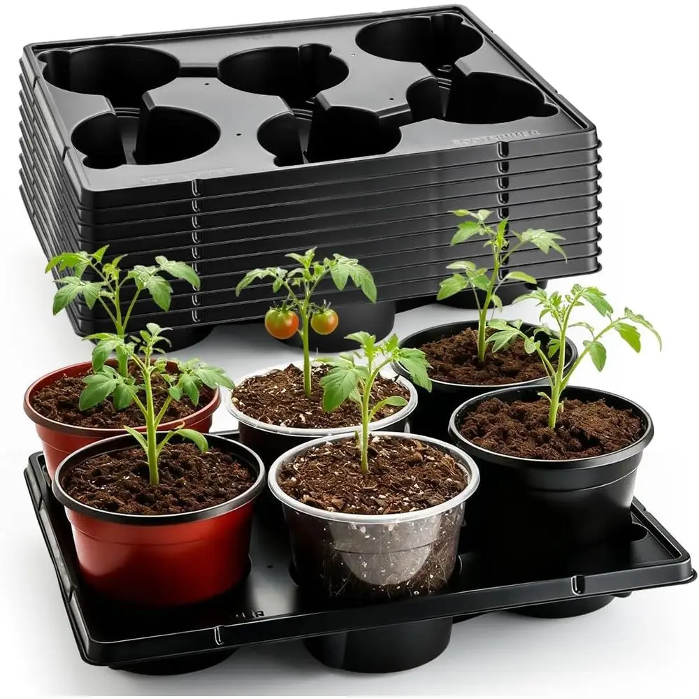 6 Cell Nursery Pot Tray, 6 Inch Seedling Pots, Thickened Durable Plant Pots Carrying Tray (10-Pack)