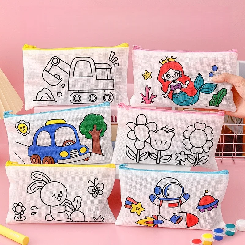 

DIY Doodle Pencil Case Color Cartoon Non-Woven Fabric Art Bag Washable Reusable Student School Supply Organizer