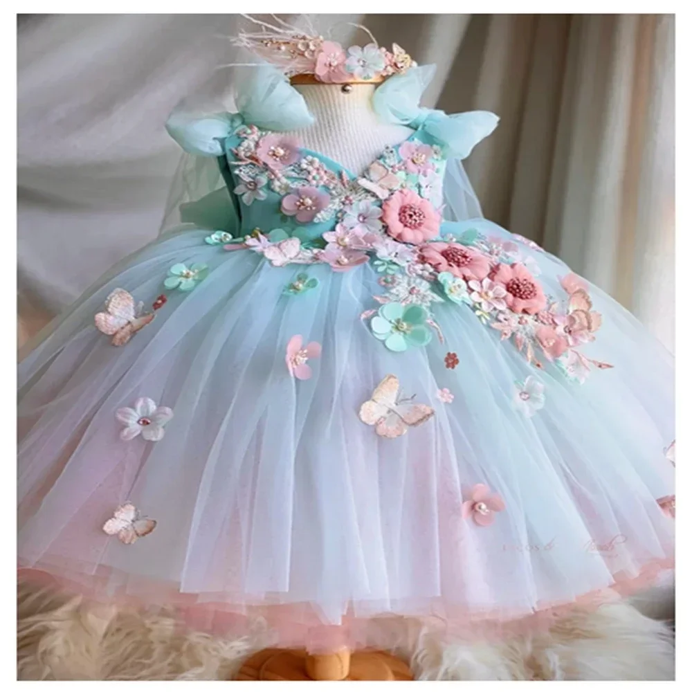 

Flower Girl Dresses Cute Light Blue For Wedding Kids Butterfly Bow Party Girls Pageant Dresses Appliqued Birthday Photoshoot