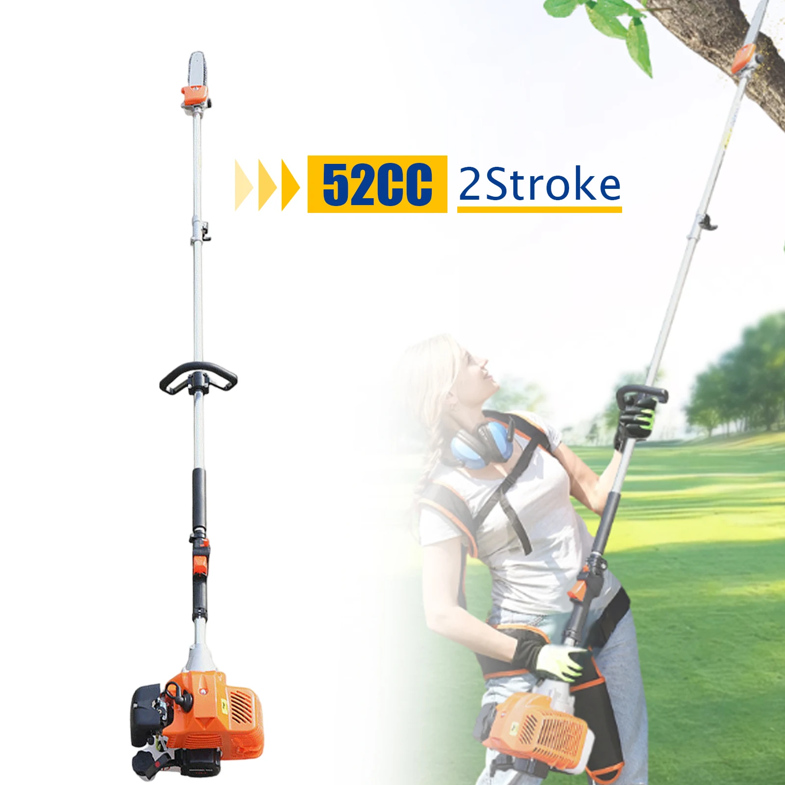 

52cc Gas Pole Saw 2 Stroke Chainsaw Air-cooled Tree Pruner Trimmer Garden Tree Pruning Cutting Tool 6500RPM