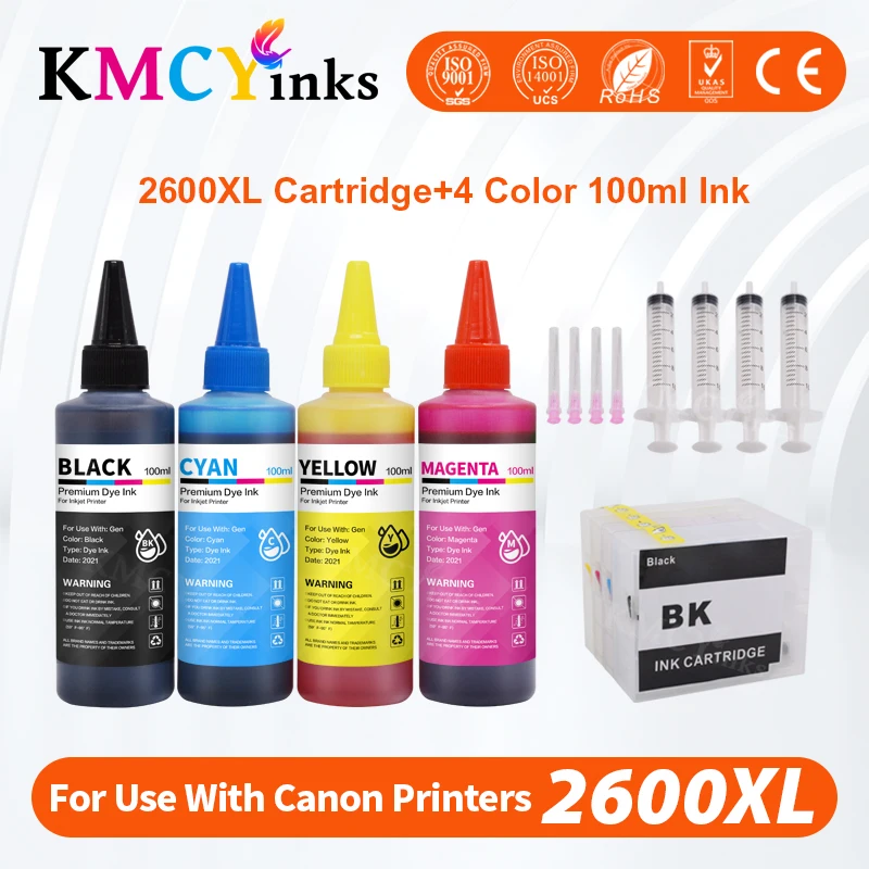 KMCYinks PGI-2600 Refillable Ink Cartridge + 4Color 100ml Ink For Canon MAXIFY IB4060 MB5060 MB5160 MB5360 With ARC Chip