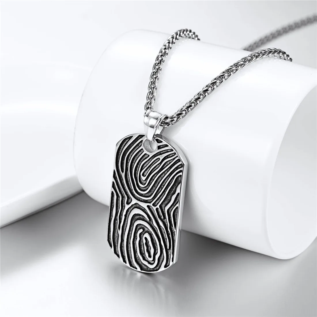 U7 Stainless Steel Enamel Deep Engraved Double Fingerprint Tag Necklaces Man Woman Punk Statement Lover Couple Jewelry Gift