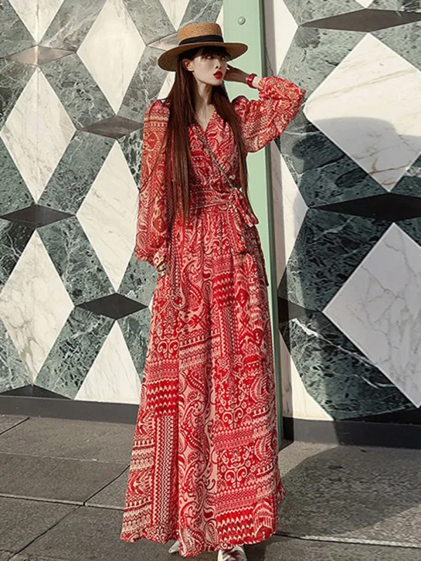 Long Sleeves Sexy New Autumn Dress V-neck Split Young Women's Fragmented Flower Korean Edition Waist Wrap Dress New Red FRAE