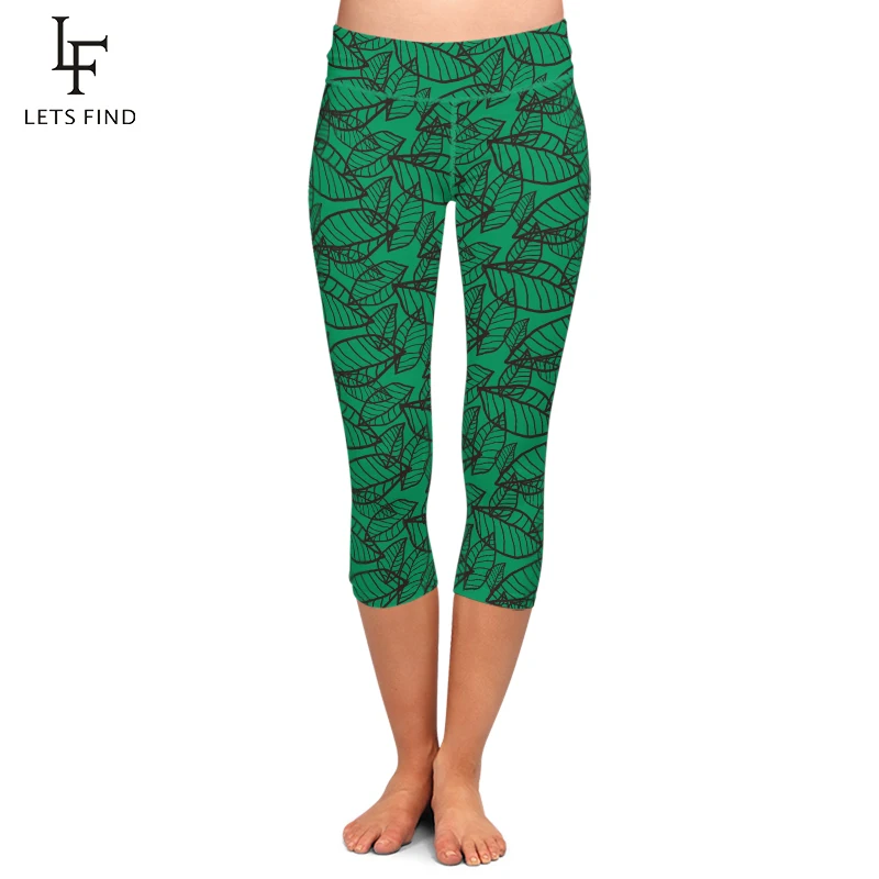 Fashion New Green Leggings Women Leaf Print Summer Capris Leggings High Waist Casual Mid Calf Leggings