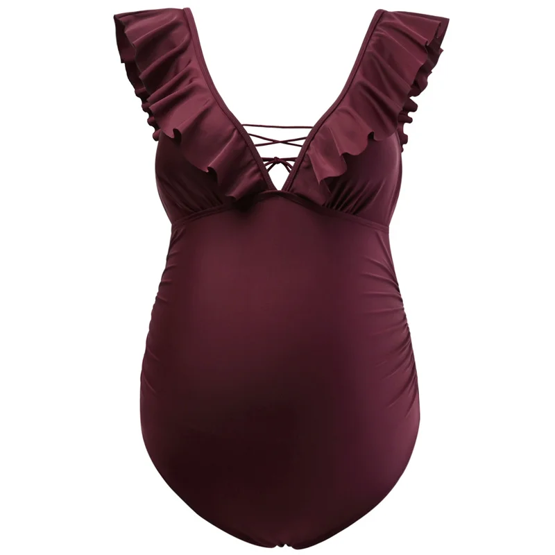 Maternity Swimsuits One Piece Cute Ruffle Pregnancy V-Neck Bathing Suits Lace-up Backless Swimwear Outfit