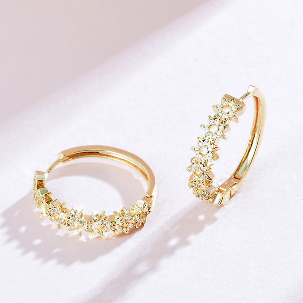 Hollow star design hoop earrings Copper plated 18K gold zircon set jewelry earrings women's fashion gift