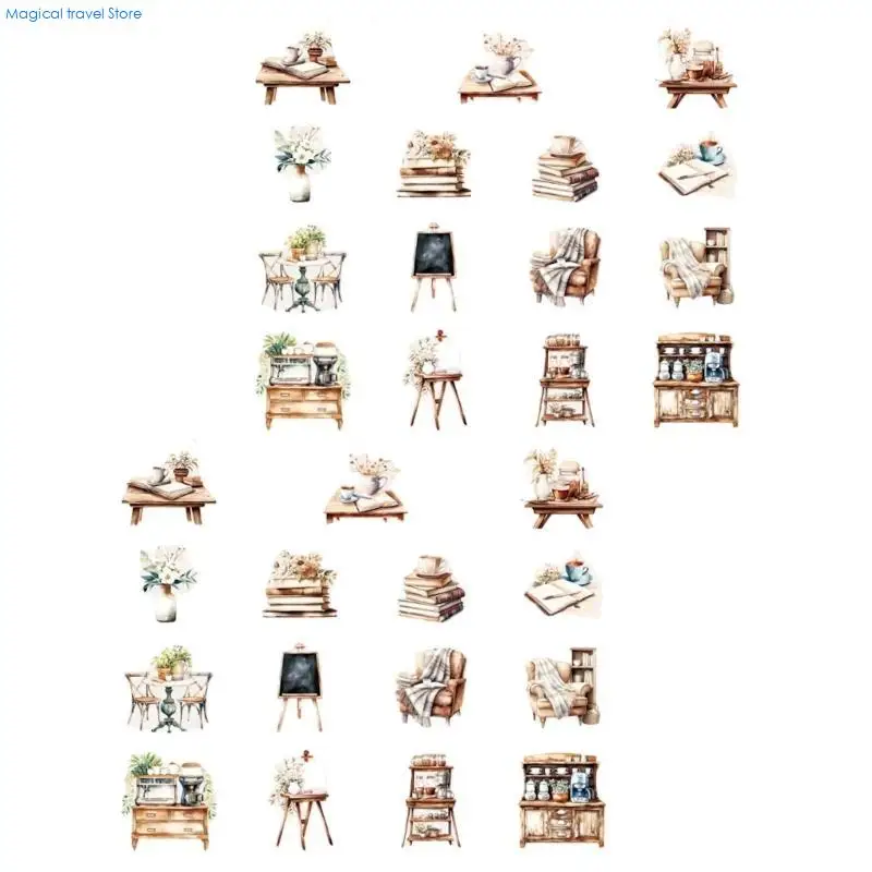 N2UB 30 Sheets Adhesive Sticker Laptop Sticker Coffee House Series Decal Scrapbooking Sticker Coffee Girl Character Sticker